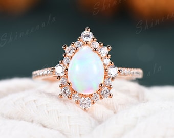 White opal ring vintage engagement rings for women pear shaped fire opal bridal ring October birthstone jewelry handmade