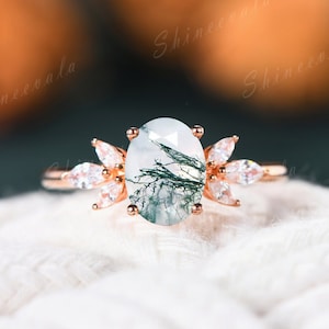 Rose gold moss agate ring, vintage moss agate engagement ring, art deco 7 stone diamond ring, gemstone promise rings for her, gift for women