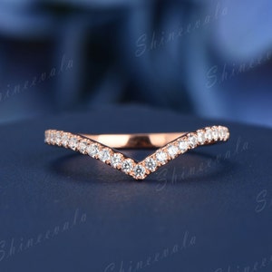 Rose Gold Stackable Rings For Women Diamond Wedding Band V Shaped Diamond Ring Promise Minimalist Ring Pave Set Half Eternity Band Custom