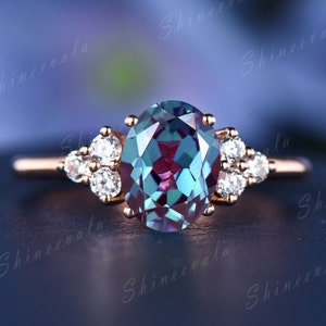 Vintage oval cut alexandrite engagement ring rose gold wedding ring unique cluster engagement ring anniversary ring gift for women handmade