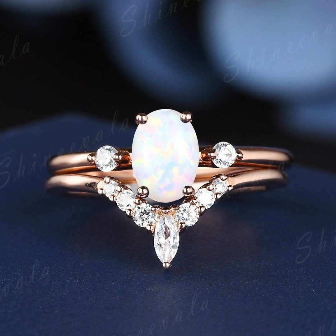 Matching Opsite Rings Unique Opal Silver Engagement Ring Set Oval White Fire Opal Diamond ...
