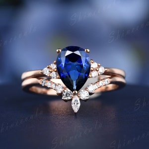 Blue Sapphire Engagement Ring Set In 14k Rose Gold Stackable Diamond Matching Band Unique Dainty Gemstone Bridal Ring Set For Her