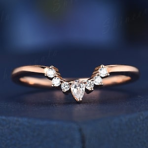 Curved Wedding Band Rose Gold Diamond Wedding Band Women Chevron Stacking Rings Crown Ring Personalized Gift For Her