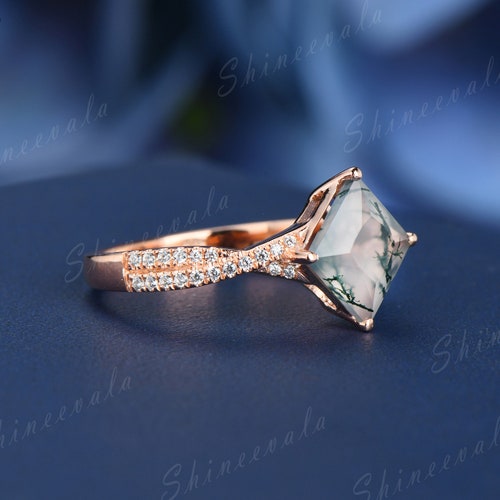 Princess Cut Moss Agate Ring Rose Gold Moss Agate Infinity shops Engagement Ring Twist Diamond Eternity Band Antique Bridal Wedding Ring