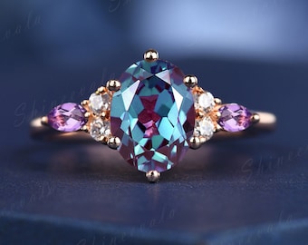 Oval alexandrite wedding ring rose gold leaf amethyst ring marquise diamond wedding ring band June birthstone engagement ring promise rings