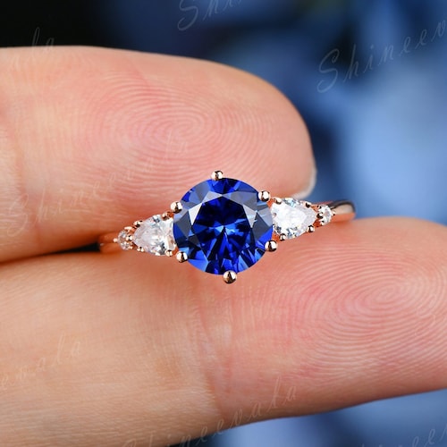 Blue sapphire wedding ring women three stone popular engagement ring in sterling silver & gold vermeil dainty moissanite engagement ring