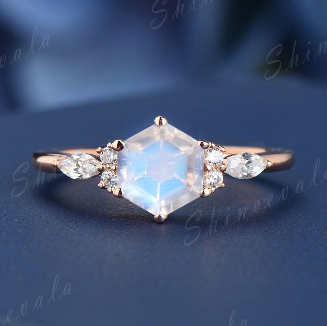 Hexagon Cut Moonstone Ring Sterling Silver Hexagon Engagement Ring Rose ...
