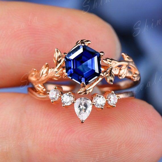14k Rose Gold Blue Star Sapphire Engagement Ring Set Oval Shaped Blue Star Sapphire Wedding Ring Set Art Deco Leaf Style Engagement Ring Set