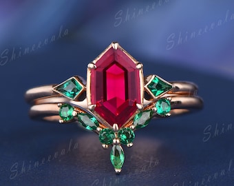 14K rose gold ruby ring set eternity emerald wedding band chevron ring hexagon ruby engagement ring kite cut emerald ring stackable rings