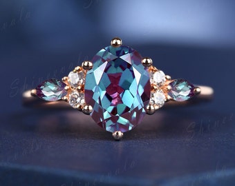 Unique engagement ring oval cut Alexandrite engagement ring personalized rose gold ring cluster marquise ring moissanite ring band
