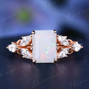 Emerald Cut Opal Gold Ring, 925 Sterling Silver Engagement Ring, Unique Wedding Ring For Women, Marquise Art Deco Moissanite Diamond Ring