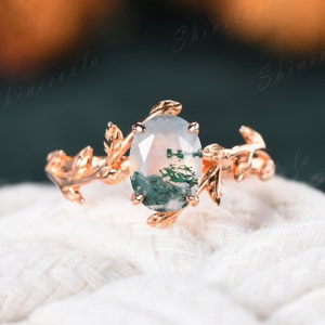Moss Agate Ring: Rose Gold Twig Engagement Ring, Handmade Jewelry