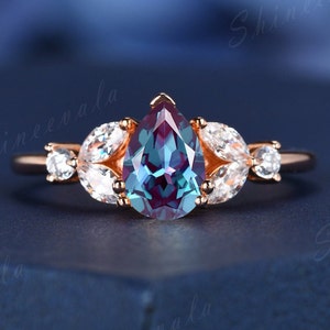 Vintage pear cut alexandrite engagement ring Art deco leaf promise ring Nature inspired rose gold bridal ring Unique Anniversary gift
