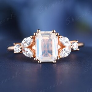 Emerald Cut Moonstone Flower Ring Unique Moonstone Engagement Ring Marquise Moissanite Promise Ring Rose Gold Solitaire Bridal Ring Gift