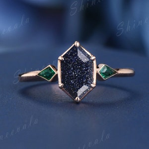 Galaxy blue sandstone engagement ring hexagon cut goldstone emerald ring rose gold promise ring art deco three stone jewelry ring