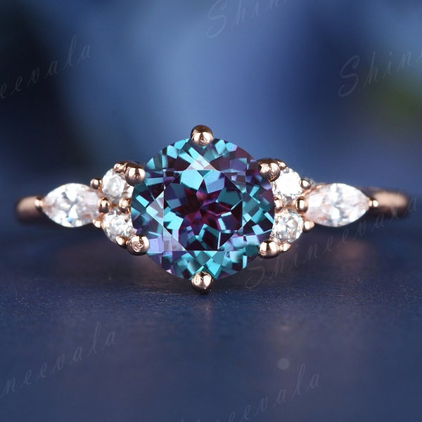 Vintage Alexandrite Ring Rose Gold Silver Alexandrite Engagement Ring Flower Marquise Cut Diamond Wedding Ring For Women Promise Ring