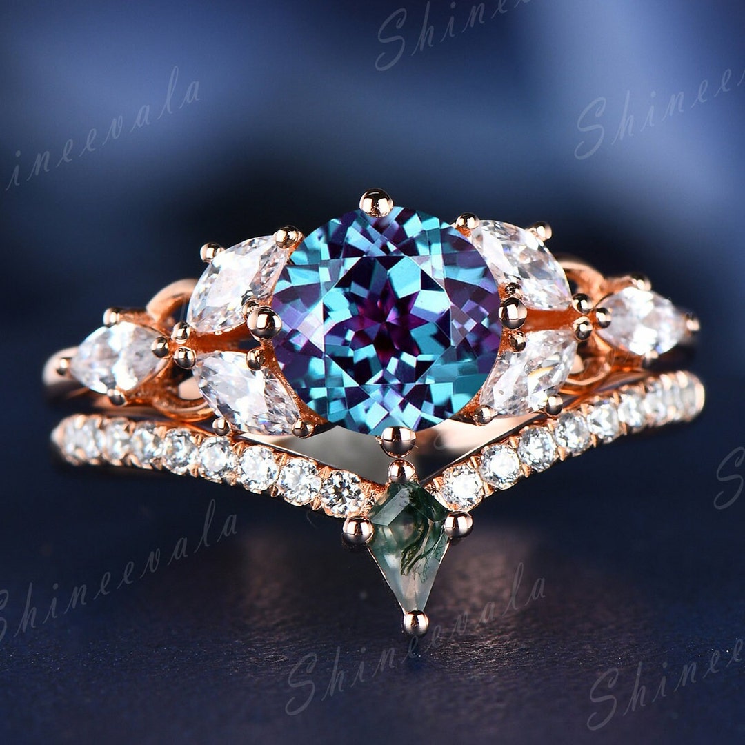 Alexandrite Ring Real Gold Alternative Engagement Ring Women Moss Agate ...