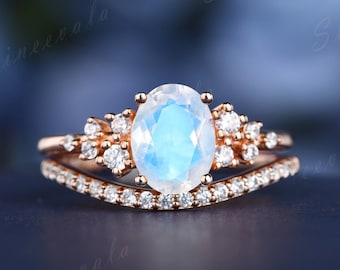 Rose Gold Cluster Moonstone Ring Set Silver Women Wedding Ring Set Diamond Engagement Ring Dainty Oval Cut Natural Moonstone Moissanite Ring