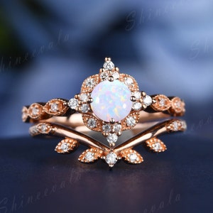 Opal Rose Gold Ring Set Vintage Opal Engagement Ring Set Dainty Diamond Wedding Ring Set Art Deco Diamond Eternity Ring Stacking Rings