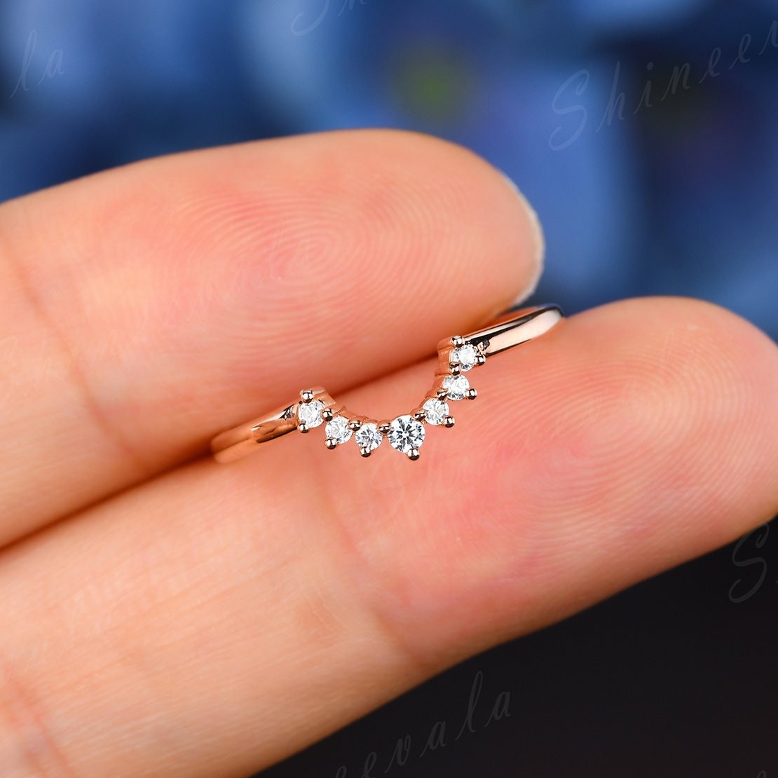 Moissanite Curved Wedding Band Rose Gold Chevron Ring Diamond Stacking ...