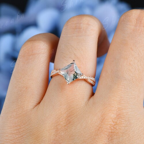 Princess Cut Moss Agate Ring Rose Gold Moss Agate Infinity shops Engagement Ring Twist Diamond Eternity Band Antique Bridal Wedding Ring