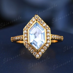 Long hexagon engagement ring aquamarine engagement ring yellow gold diamond halo eternity wedding band unique promise ring handmade jewelry