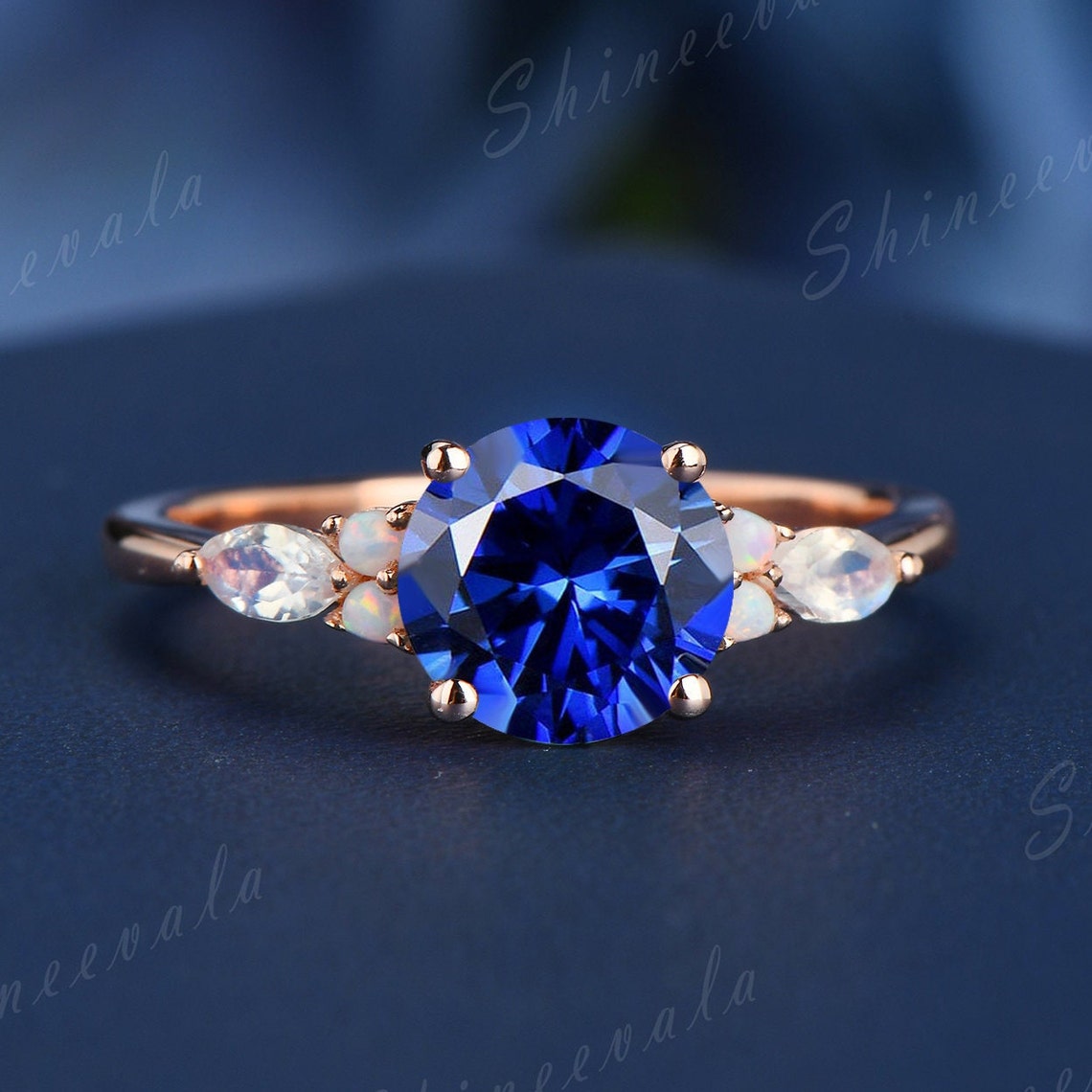 Blue Sapphire Ring Set Marquise Moonstone Engagement Ring Set Etsy