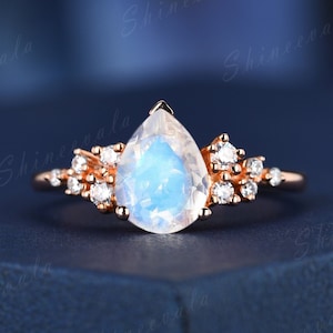 Pear Shaped Moonstone Ring, Moissanite Cluster Engagement Ring, Sterling Silver Ring, Rose Gold Ring, June Birthstone Ring, Solitaire Ring