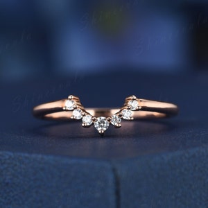 Moissanite Curved Wedding Band Rose Gold Chevron Ring Diamond Stacking Matching Band Promise Anniversary Gift For Her