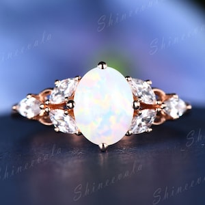 Vintage Opal Engagement Ring Solid Gold Wedding Ring For Women Art deco Cluster Ring Anniversary Ring Gift For Her Solitaire Ring