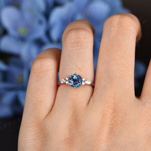 Vintage Alexandrite Ring Rose Gold Silver Alexandrite Engagement Ring Flower Marquise Cut Diamond Wedding Ring For Women Promise Ring image 7