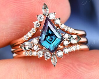 3pcs alexandrite bridal ring set women rose gold alexandrite engagement ring marquise cut moss agate diamond wedding ring set tiara rings