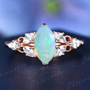 White opal engagement ring real gold unique engagement ring cluster diamond wedding ring women anniversary ring gift promise gemstone rings