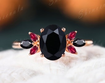 Genuine Black Onyx Ring Sterling Silver Onyx Engagement Ring Black Gemstone Ring Ruby Floral Band Vermeil Statement Ring Gift For Women