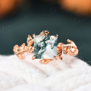 Princess Cut Green Moss Agate Ring Gold Silver Leaf Alternative Engagement Ring Natural Aquatic Healing Gemstone Ring Vine Bridal Ring