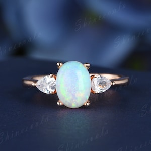 Dainty Rose Gold Opal Engagement Ring Vintage Three Stone Ring CZ Diamond Sterling Silver Wedding Ring October Birthstone Opal Jewelry