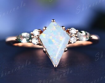 Kite Cut Opal Engagement Ring For Women Rose Gold Marquise Moss Agate Wedding Ring Band Art Deco Proposal Ring Gift For Her Valentine