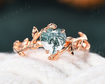 Heart Shaped Moss Agate Engagement Ring Rose Gold Leaf Ring Unique Flower Green Gemstone Engagement Ring Prongs Set Solitaire Ring
