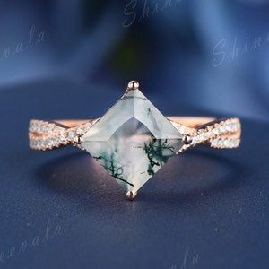 Princess Cut Moss Agate Ring Rose Gold Moss Agate Infinity Engagement Ring Twist Diamond Eternity Band Antique Bridal Wedding Ring
