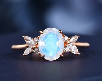 Oval Cut Moonstone Engagement Ring Rose Gold Butterfly Engagement Diamond Ring Flower Inspired Ring Prongs Set Art Deco Moissanite Ring
