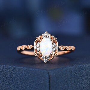 Opal silver gold ring, vintage opal engagement ring, Art Deco milgrain ring, halo ring, oval white fire opal, dainty ring, handmade jewelry