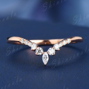 Curved Wedding Band Women Diamond Ring 14K Rose Gold Marquise Moissanite Stackable Tiara Ring Dainty Half Eternity Rings Personalized