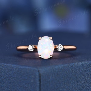 Dainty Opal Wedding Ring For Women Three Stone Ring Oval Cut White Fire Opal Brilliant Diamond Promise Ring Gift Anniversary Ring For Her