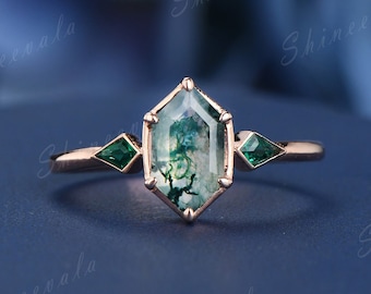 Hexagon Aquatic Moss Agate Ring 14k Rose Gold Vintage Engagement Ring Unique Kite Cut Emerald Wedding Ring Bezel Set Ring Handmade Jewelry