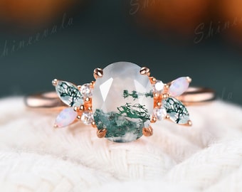 Moss agate engagement ring 10k gold unique engagement ring cluster marquise opal agate eternity ring Valentine gift for her bridal jewelry