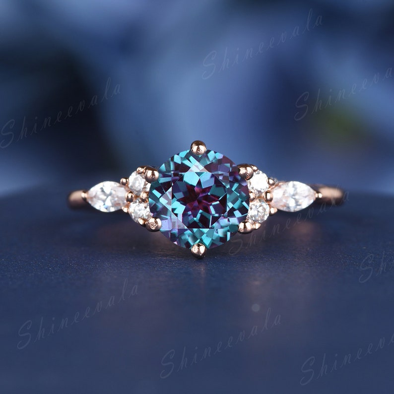 Vintage Alexandrite Ring Rose Gold Silver Alexandrite Engagement Ring Flower Marquise Cut Diamond Wedding Ring For Women Promise Ring image 9