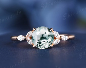 Rose Gold Moss Agate Ring Sterling Silver Wedding Ring Women Unique Moissanite Flower Band Prongs Set Aquatic Green Agate Promise Ring