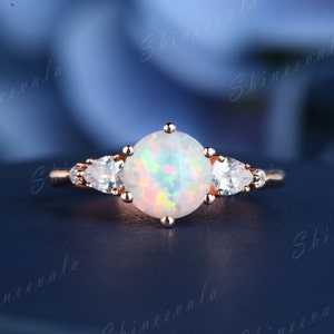 Opal Engagement Ring Rose Gold Vintage Opal Wedding Ring Moissanite Eternity Band October Birthstone Ring Unique Handmade Jewelry