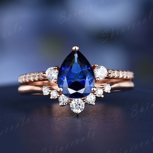 Blue sapphire promise ring, sapphire engagement ring set, women diamond wedding set, September birthstone jewelry, gift for her
