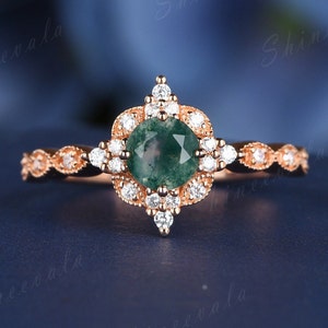 Vintage Moss Agate Ring Rose Gold Dainty Engagement Ring Moissanite Minimalist Wedding Ring Art Deco Milgrain Bridal Jewelry Handmade